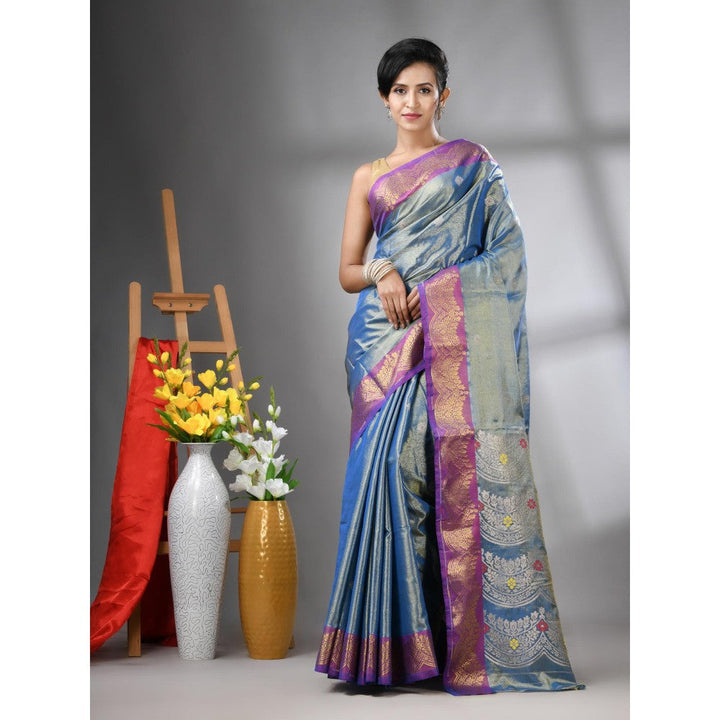 CHARUKRITI Blue Texture Motifs Tissue Silk Zari Border Saree with Unstitched Blouse