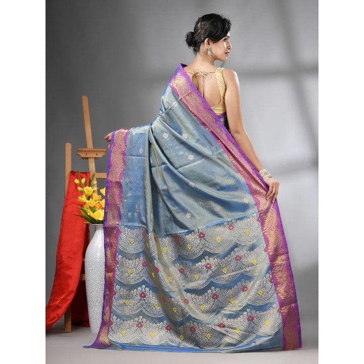 CHARUKRITI Blue Texture Motifs Tissue Silk Zari Border Saree with Unstitched Blouse