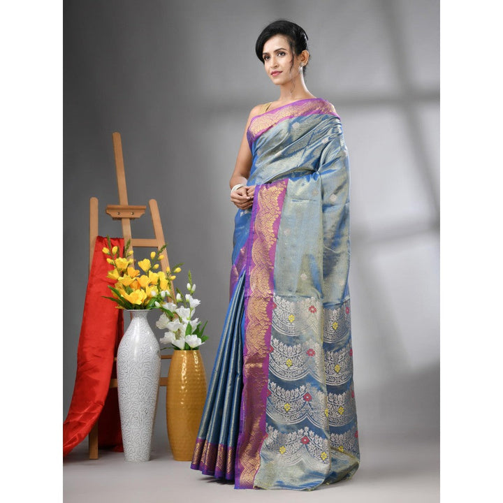 CHARUKRITI Blue Texture Motifs Tissue Silk Zari Border Saree with Unstitched Blouse