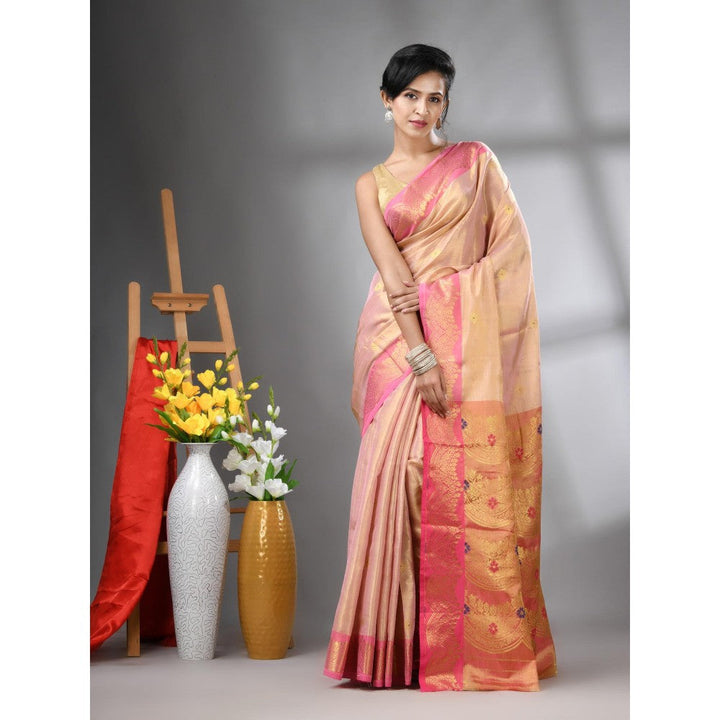 CHARUKRITI Peach Texture Motifs Tissue Silk Zari Border Saree with Unstitched Blouse