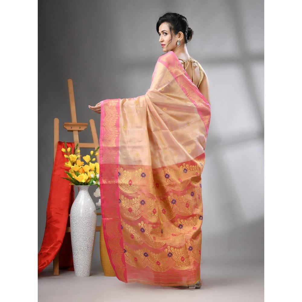 CHARUKRITI Peach Texture Motifs Tissue Silk Zari Border Saree with Unstitched Blouse