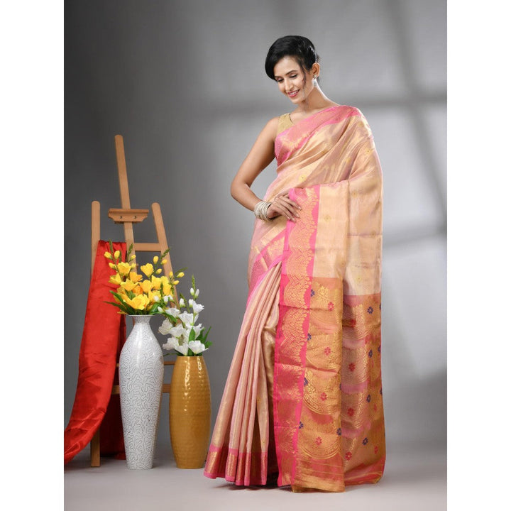 CHARUKRITI Peach Texture Motifs Tissue Silk Zari Border Saree with Unstitched Blouse