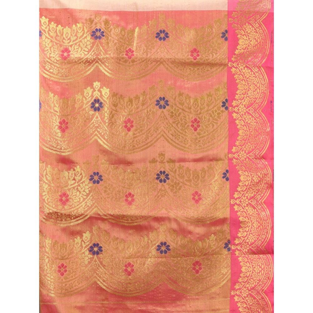 CHARUKRITI Peach Texture Motifs Tissue Silk Zari Border Saree with Unstitched Blouse