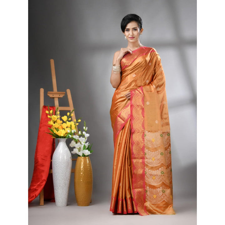 CHARUKRITI Orange Texture Motifs Tissue Silk Zari Border Saree with Unstitched Blouse