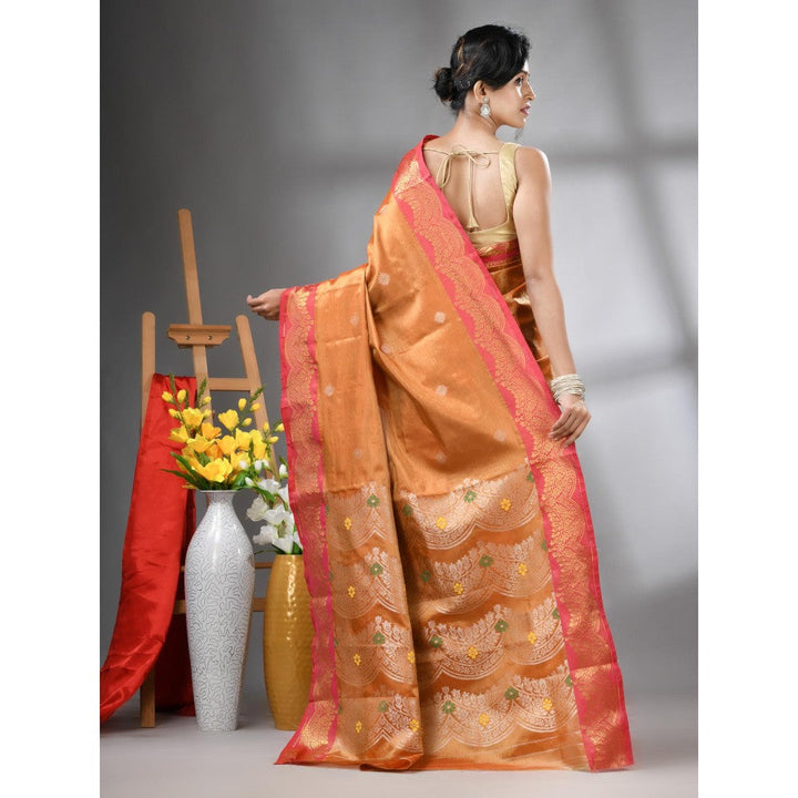 CHARUKRITI Orange Texture Motifs Tissue Silk Zari Border Saree with Unstitched Blouse