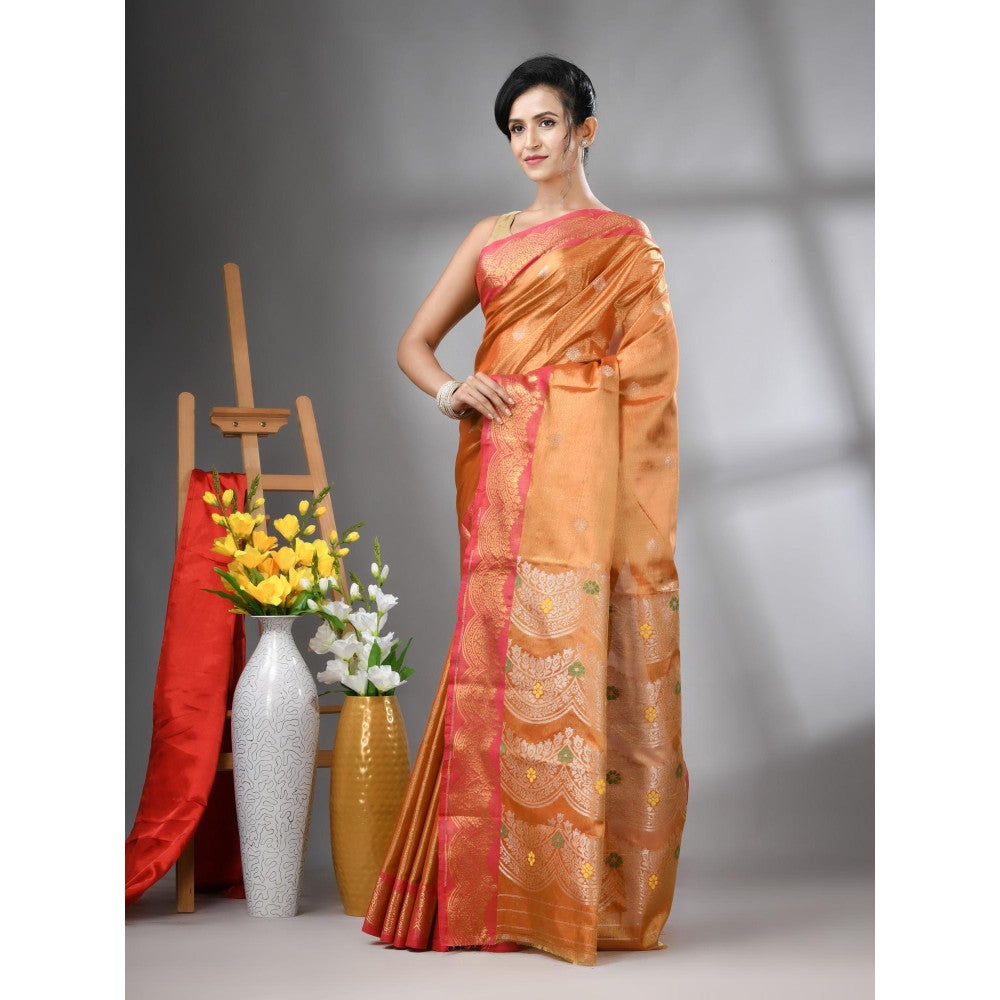 CHARUKRITI Orange Texture Motifs Tissue Silk Zari Border Saree with Unstitched Blouse