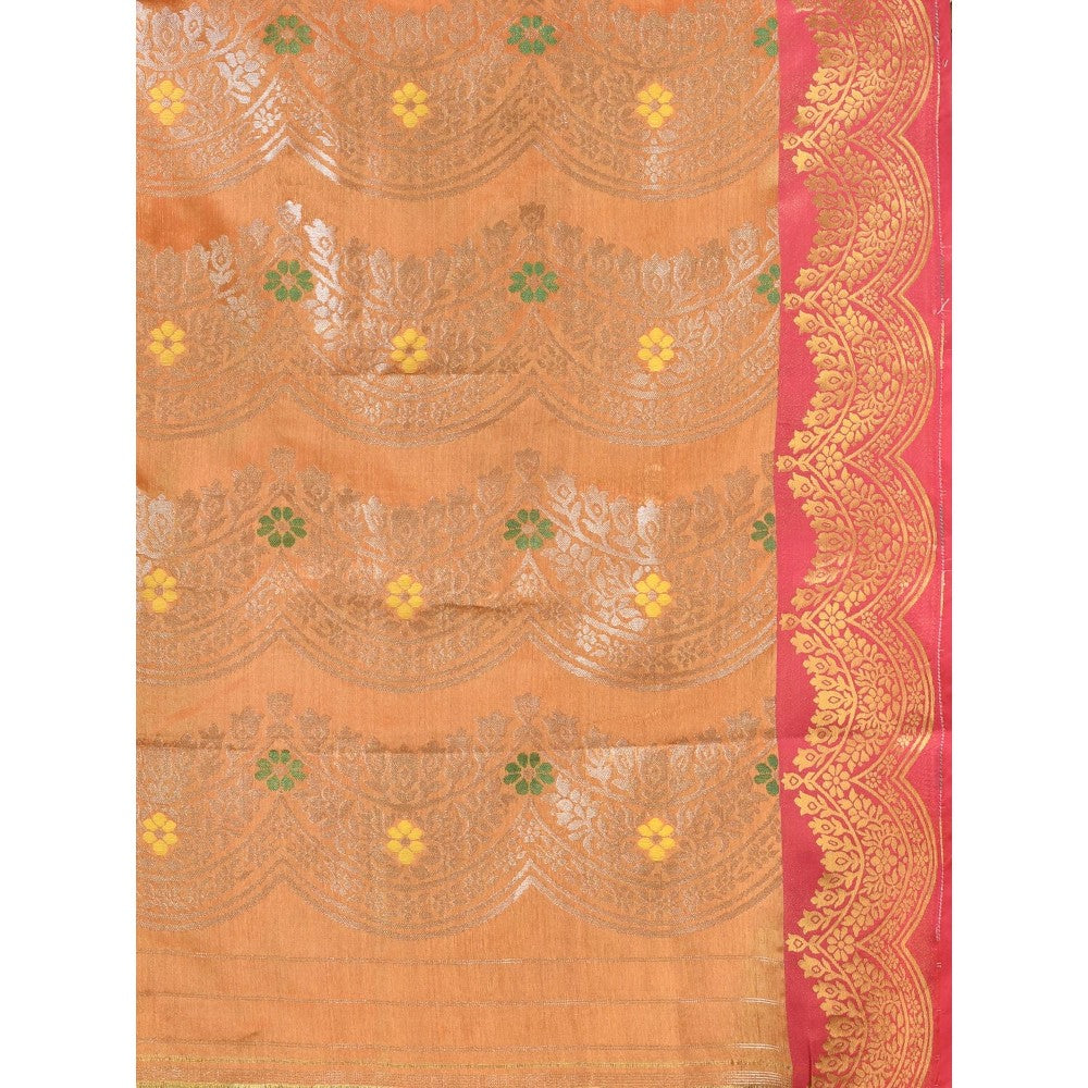 CHARUKRITI Orange Texture Motifs Tissue Silk Zari Border Saree with Unstitched Blouse