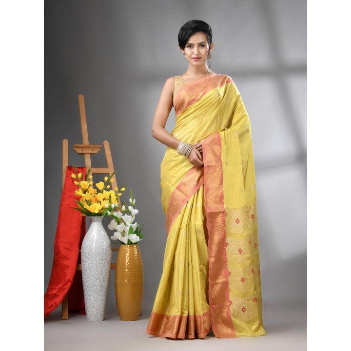 CHARUKRITI Yellow Texture Motifs Tissue Silk Zari Border Saree with Unstitched Blouse