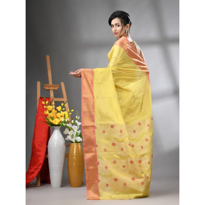 CHARUKRITI Yellow Texture Motifs Tissue Silk Zari Border Saree with Unstitched Blouse