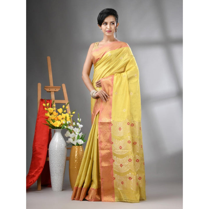 CHARUKRITI Yellow Texture Motifs Tissue Silk Zari Border Saree with Unstitched Blouse