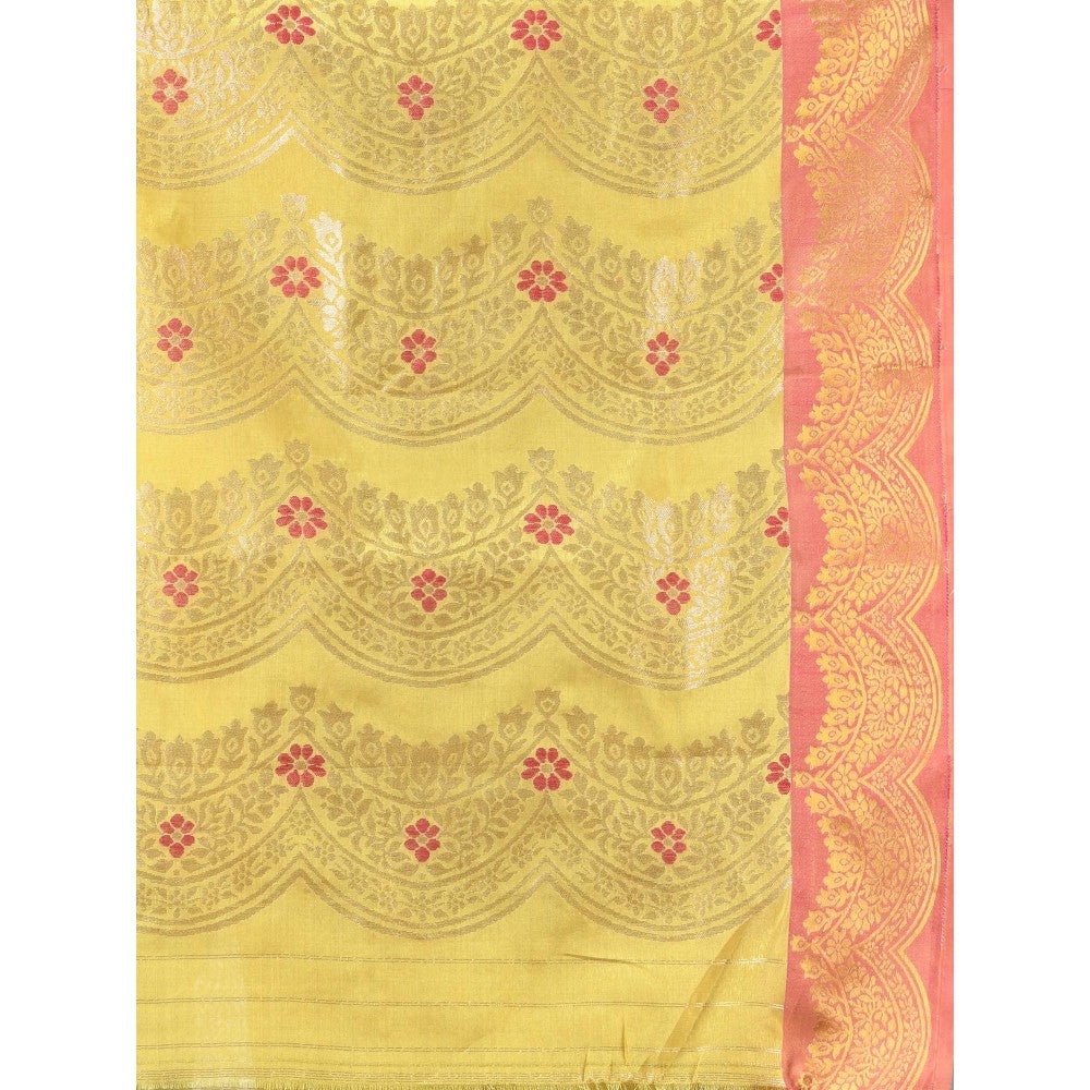 CHARUKRITI Yellow Texture Motifs Tissue Silk Zari Border Saree with Unstitched Blouse