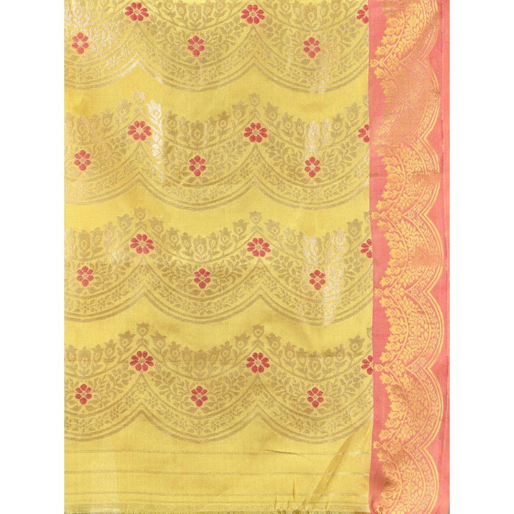 CHARUKRITI Yellow Texture Motifs Tissue Silk Zari Border Saree with Unstitched Blouse