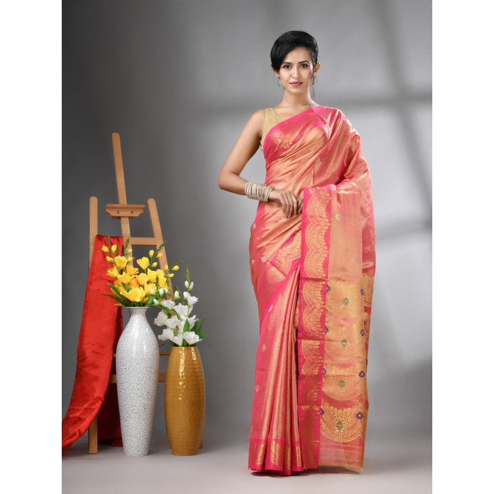 CHARUKRITI Pink Texture Motifs Tissue Silk Zari Border Saree with Unstitched Blouse