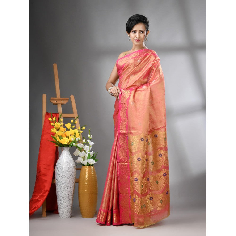 CHARUKRITI Pink Texture Motifs Tissue Silk Zari Border Saree with Unstitched Blouse