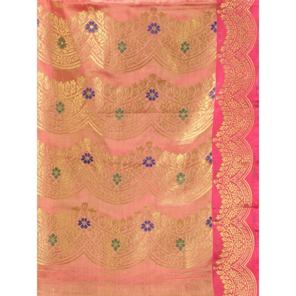 CHARUKRITI Pink Texture Motifs Tissue Silk Zari Border Saree with Unstitched Blouse