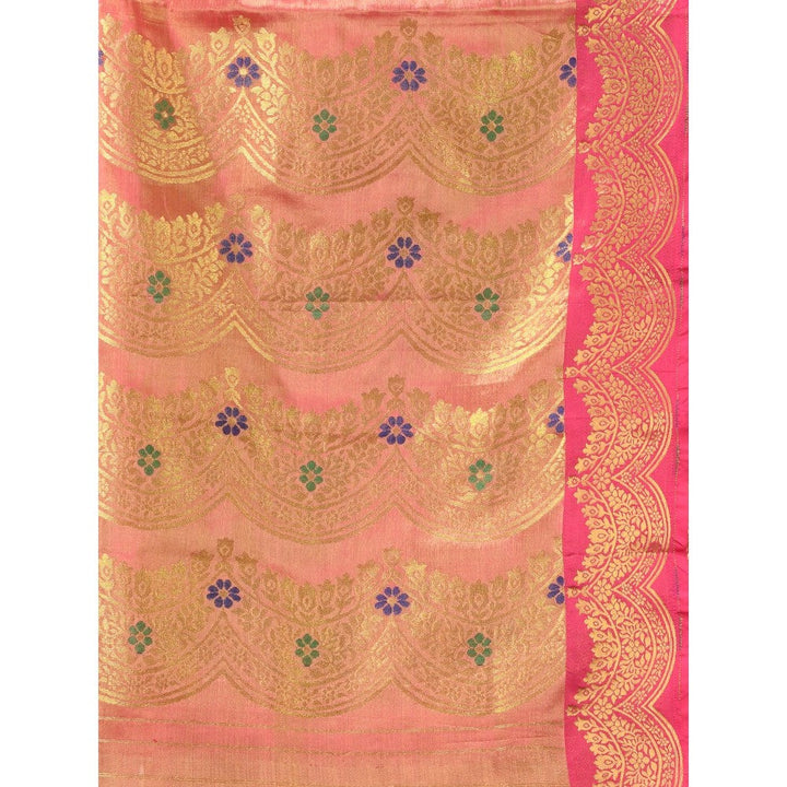 CHARUKRITI Pink Texture Motifs Tissue Silk Zari Border Saree with Unstitched Blouse