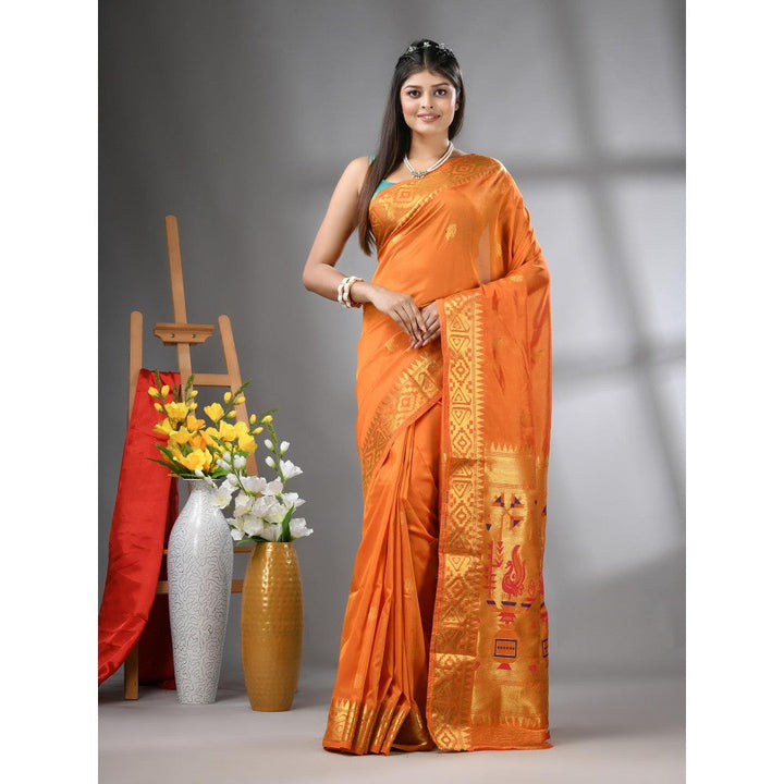 CHARUKRITI Orange Peacock Motifs Paithani Silk Zari Border Saree with Unstitched Blouse