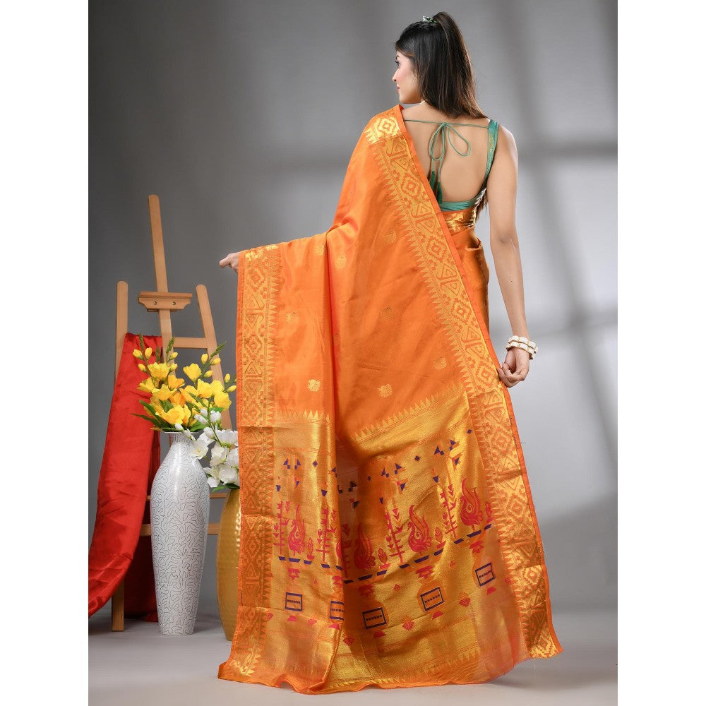 CHARUKRITI Orange Peacock Motifs Paithani Silk Zari Border Saree with Unstitched Blouse