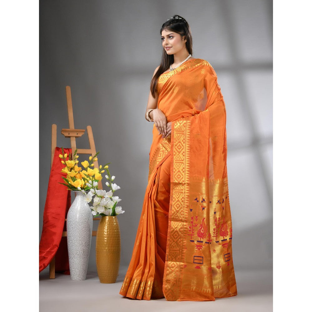 CHARUKRITI Orange Peacock Motifs Paithani Silk Zari Border Saree with Unstitched Blouse