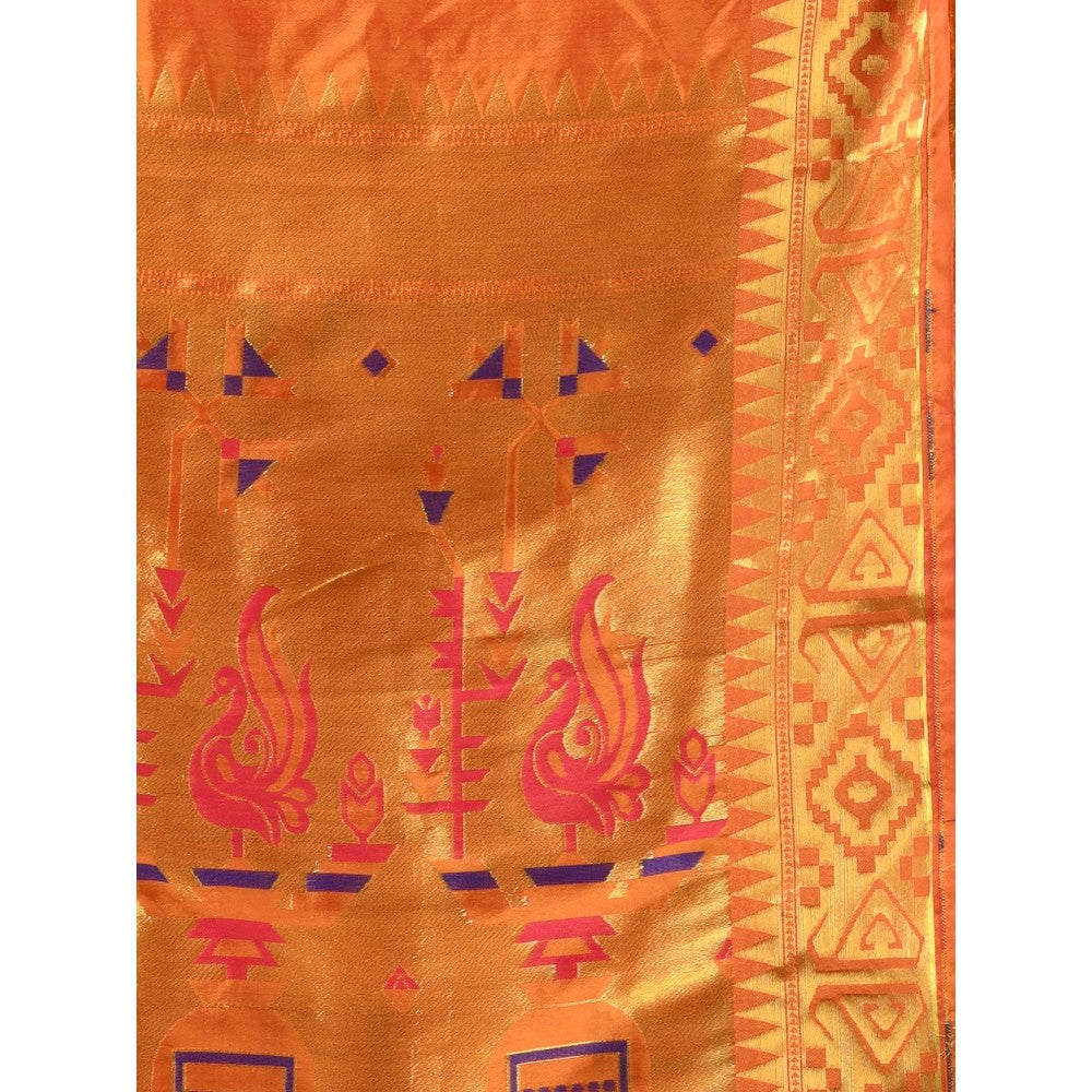 CHARUKRITI Orange Peacock Motifs Paithani Silk Zari Border Saree with Unstitched Blouse