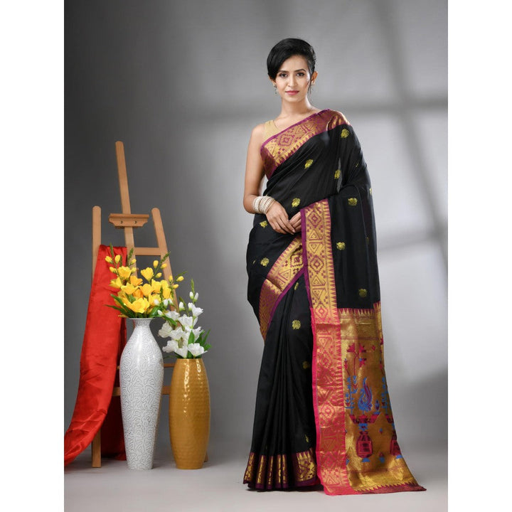 CHARUKRITI Black Peacock Motifs Paithani Silk Zari Border Saree with Unstitched Blouse