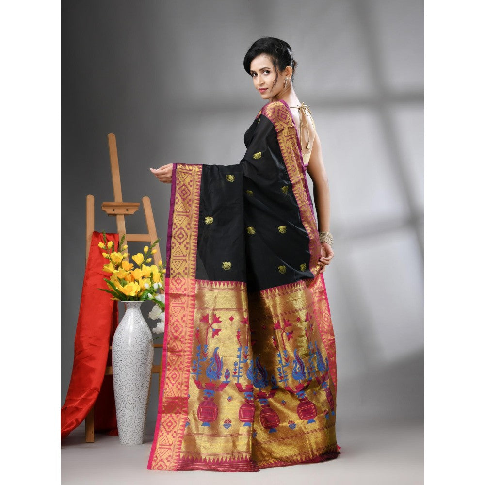 CHARUKRITI Black Peacock Motifs Paithani Silk Zari Border Saree with Unstitched Blouse