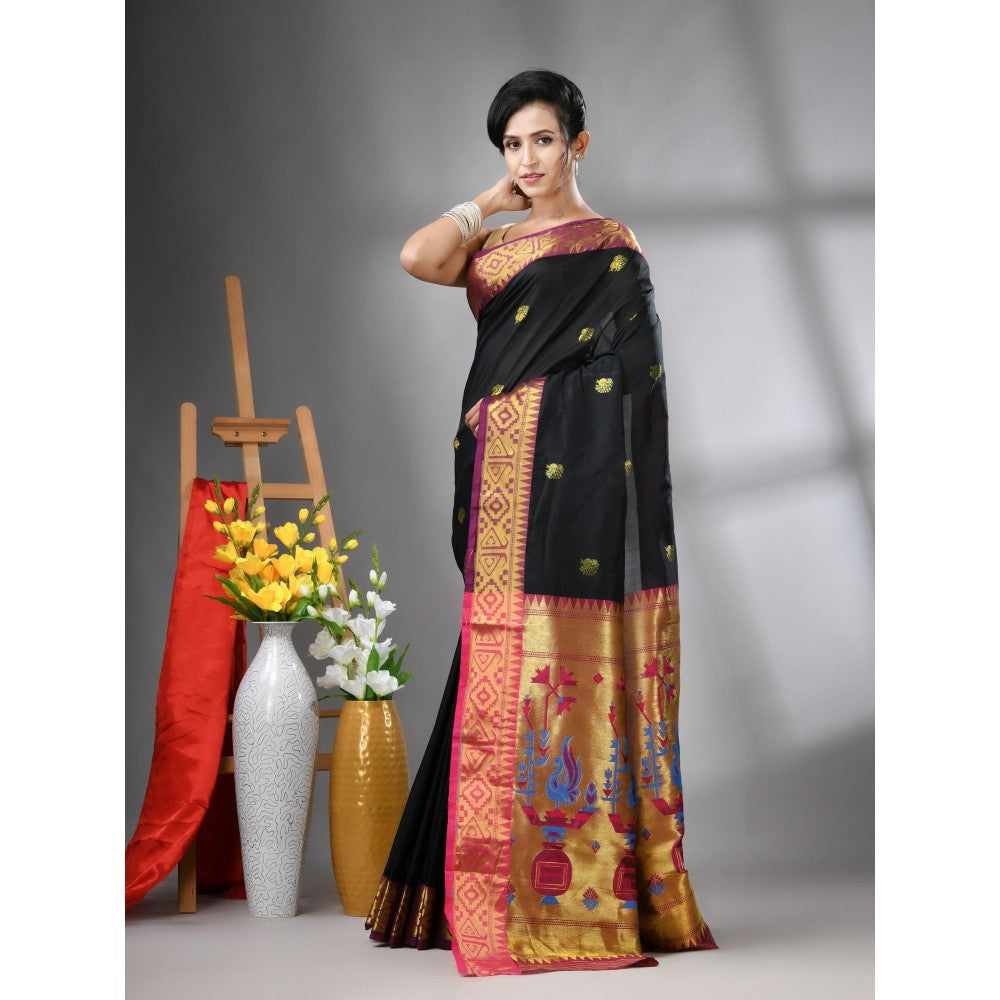 CHARUKRITI Black Peacock Motifs Paithani Silk Zari Border Saree with Unstitched Blouse