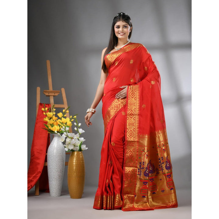 CHARUKRITI Red Peacock Motifs Paithani Silk Zari Border Saree with Unstitched Blouse