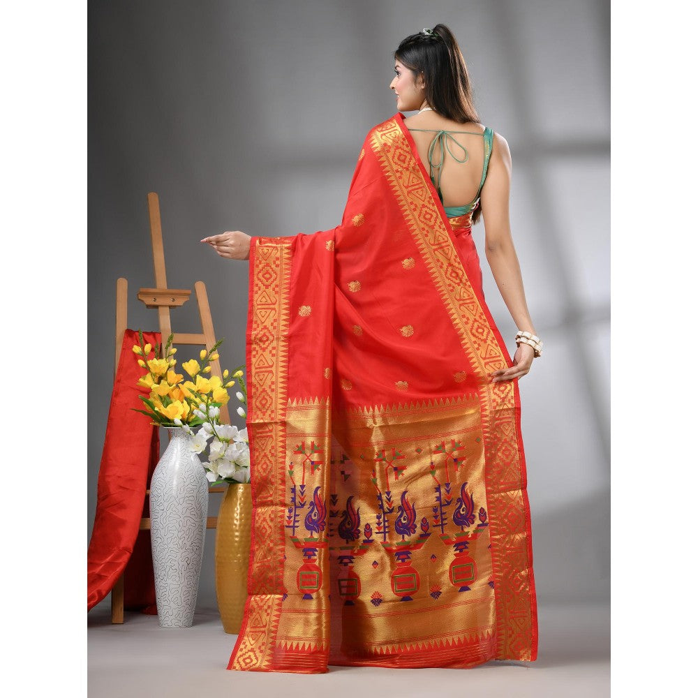 CHARUKRITI Red Peacock Motifs Paithani Silk Zari Border Saree with Unstitched Blouse