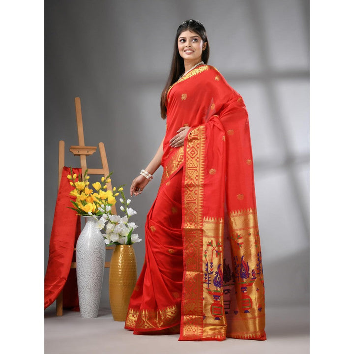 CHARUKRITI Red Peacock Motifs Paithani Silk Zari Border Saree with Unstitched Blouse