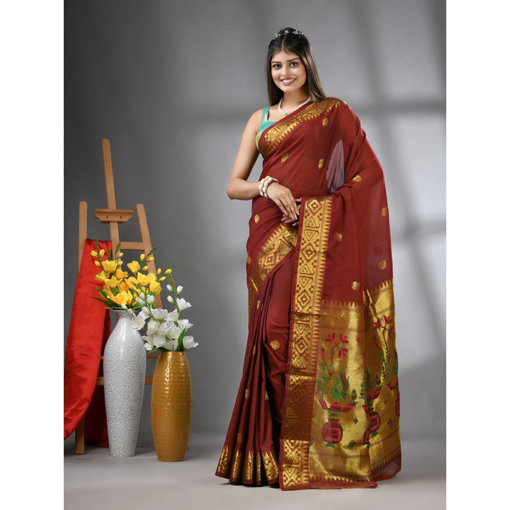 CHARUKRITI Brown Peacock Motifs Paithani Silk Zari Border Saree with Unstitched Blouse