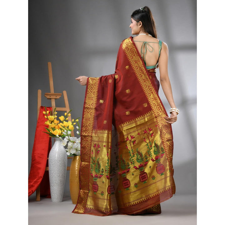 CHARUKRITI Brown Peacock Motifs Paithani Silk Zari Border Saree with Unstitched Blouse