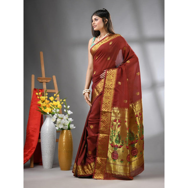 CHARUKRITI Brown Peacock Motifs Paithani Silk Zari Border Saree with Unstitched Blouse