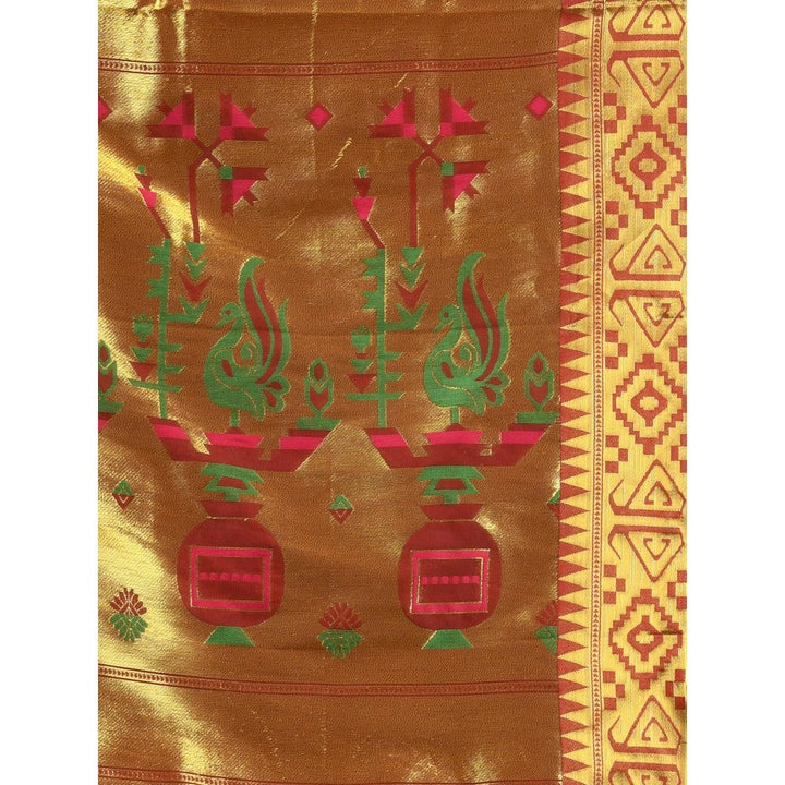 CHARUKRITI Brown Peacock Motifs Paithani Silk Zari Border Saree with Unstitched Blouse