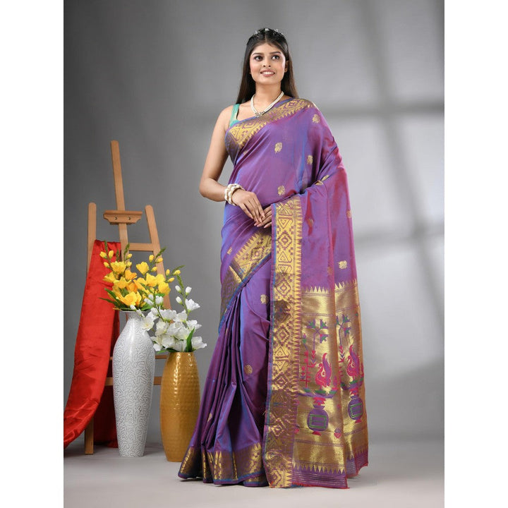 CHARUKRITI Lilac Peacock Motifs Paithani Silk Zari Border Saree with Unstitched Blouse