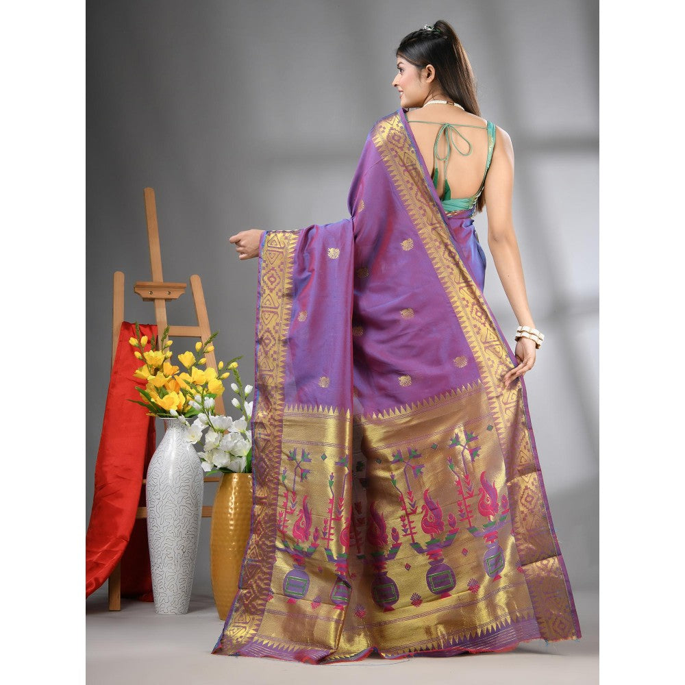 CHARUKRITI Lilac Peacock Motifs Paithani Silk Zari Border Saree with Unstitched Blouse