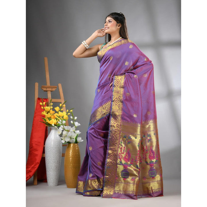 CHARUKRITI Lilac Peacock Motifs Paithani Silk Zari Border Saree with Unstitched Blouse