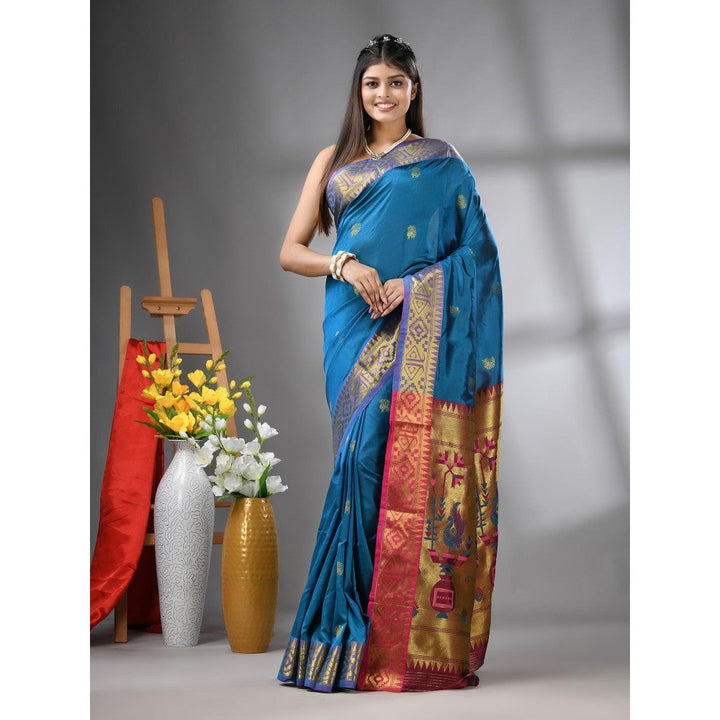 CHARUKRITI Sapphire Blue Peacock Motifs Paithani Silk Zari Border Saree with Unstitched Blouse