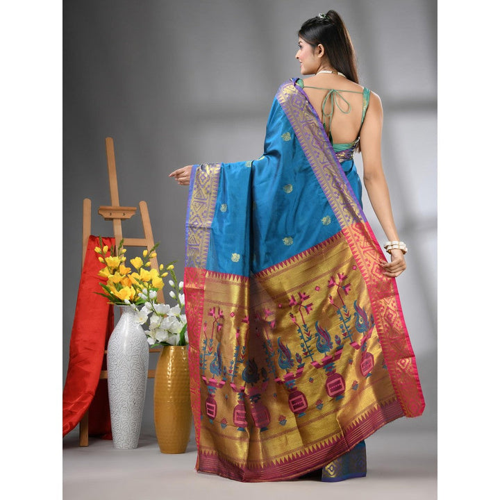 CHARUKRITI Sapphire Blue Peacock Motifs Paithani Silk Zari Border Saree with Unstitched Blouse