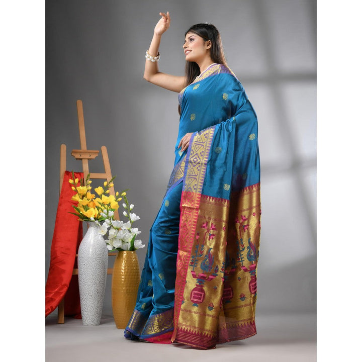 CHARUKRITI Sapphire Blue Peacock Motifs Paithani Silk Zari Border Saree with Unstitched Blouse