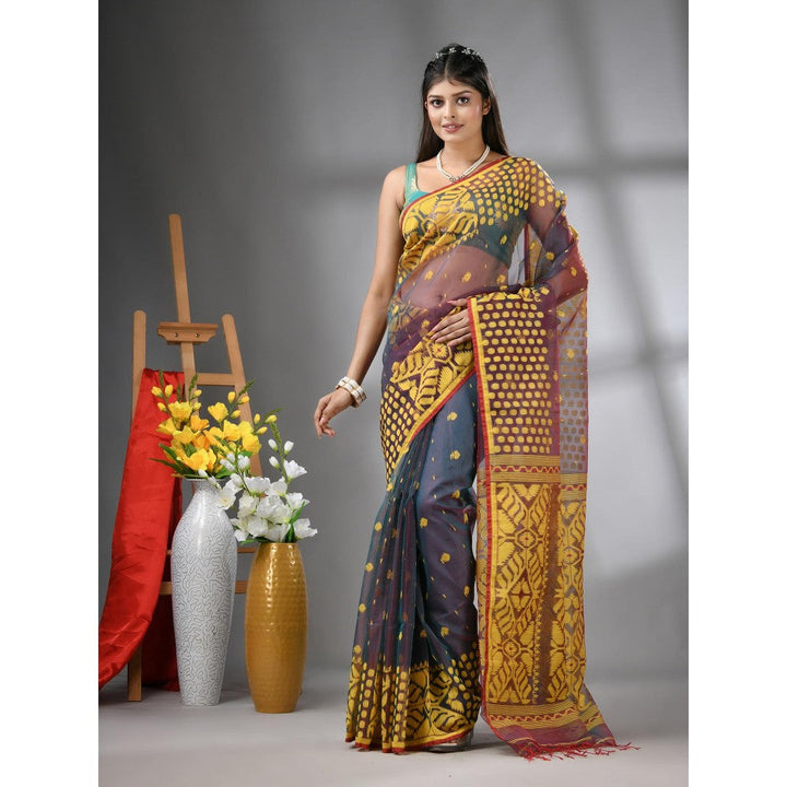 CHARUKRITI Grey Dual-Tone Muslin Soft Jamdani Design Saree with Unstitched Blouse