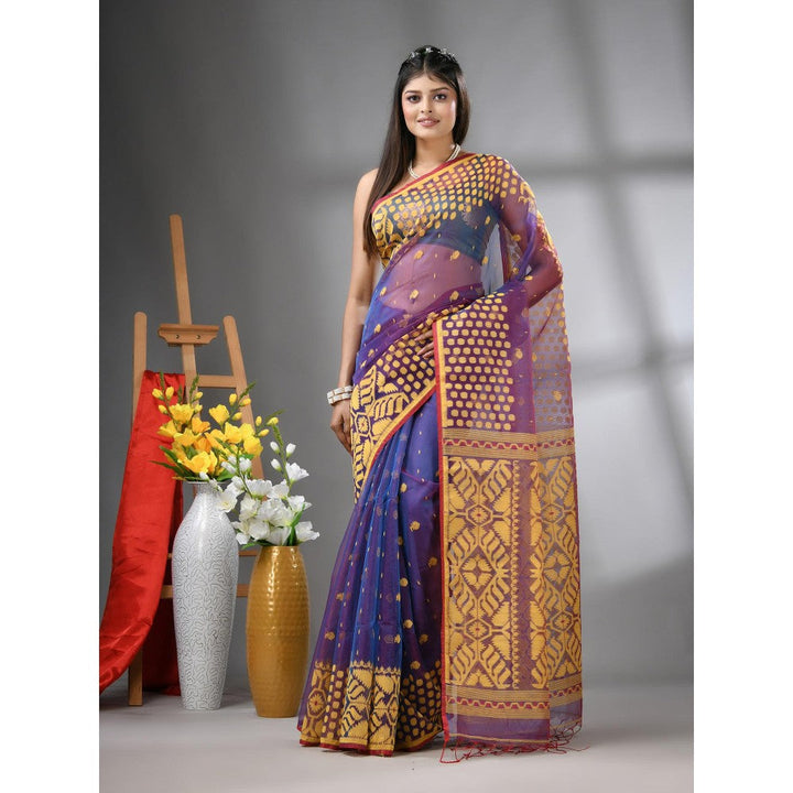 CHARUKRITI Purple Dual-Tone Muslin Soft Jamdani Design Saree with Unstitched Blouse