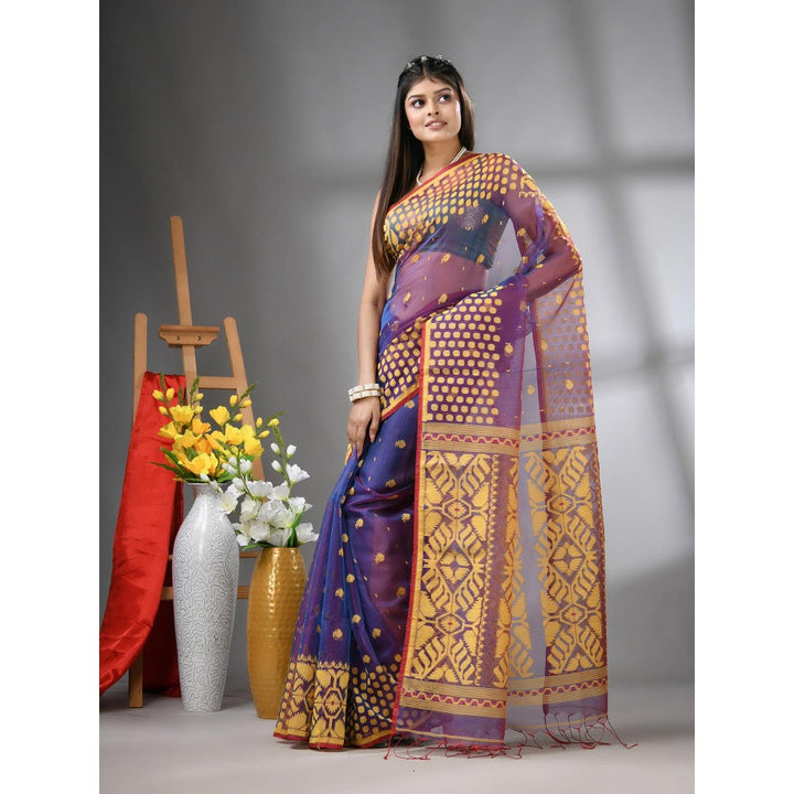 CHARUKRITI Purple Dual-Tone Muslin Soft Jamdani Design Saree with Unstitched Blouse