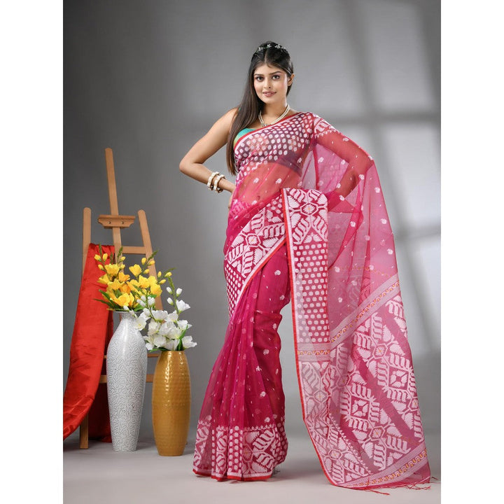 CHARUKRITI Fuchsia Muslin Soft Jamdani Design Saree with Unstitched Blouse