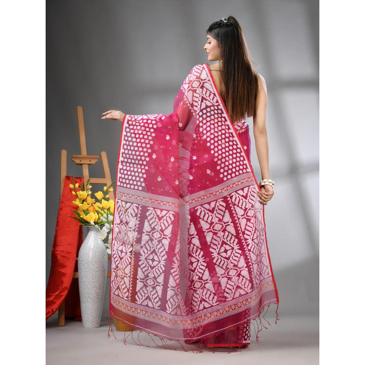 CHARUKRITI Fuchsia Muslin Soft Jamdani Design Saree with Unstitched Blouse