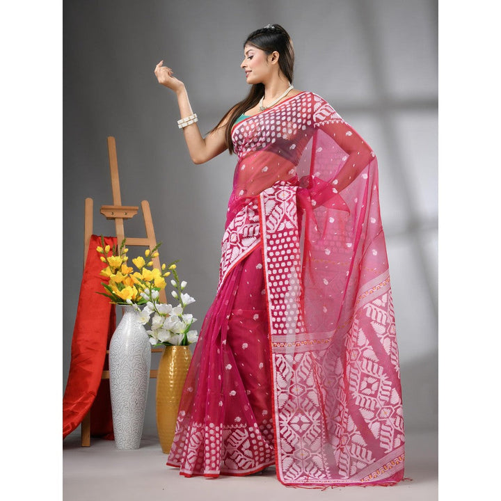 CHARUKRITI Fuchsia Muslin Soft Jamdani Design Saree with Unstitched Blouse