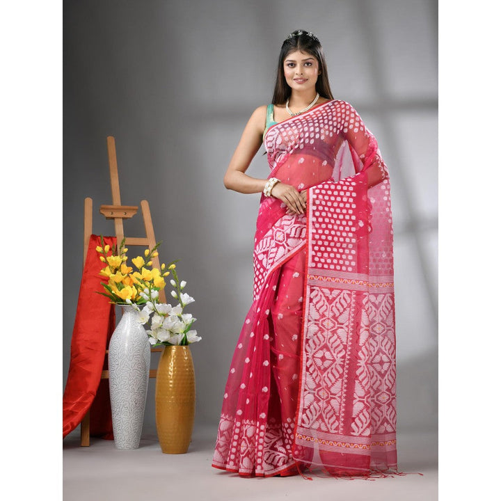 CHARUKRITI Hot Pink Muslin Soft Jamdani Design Saree with Unstitched Blouse