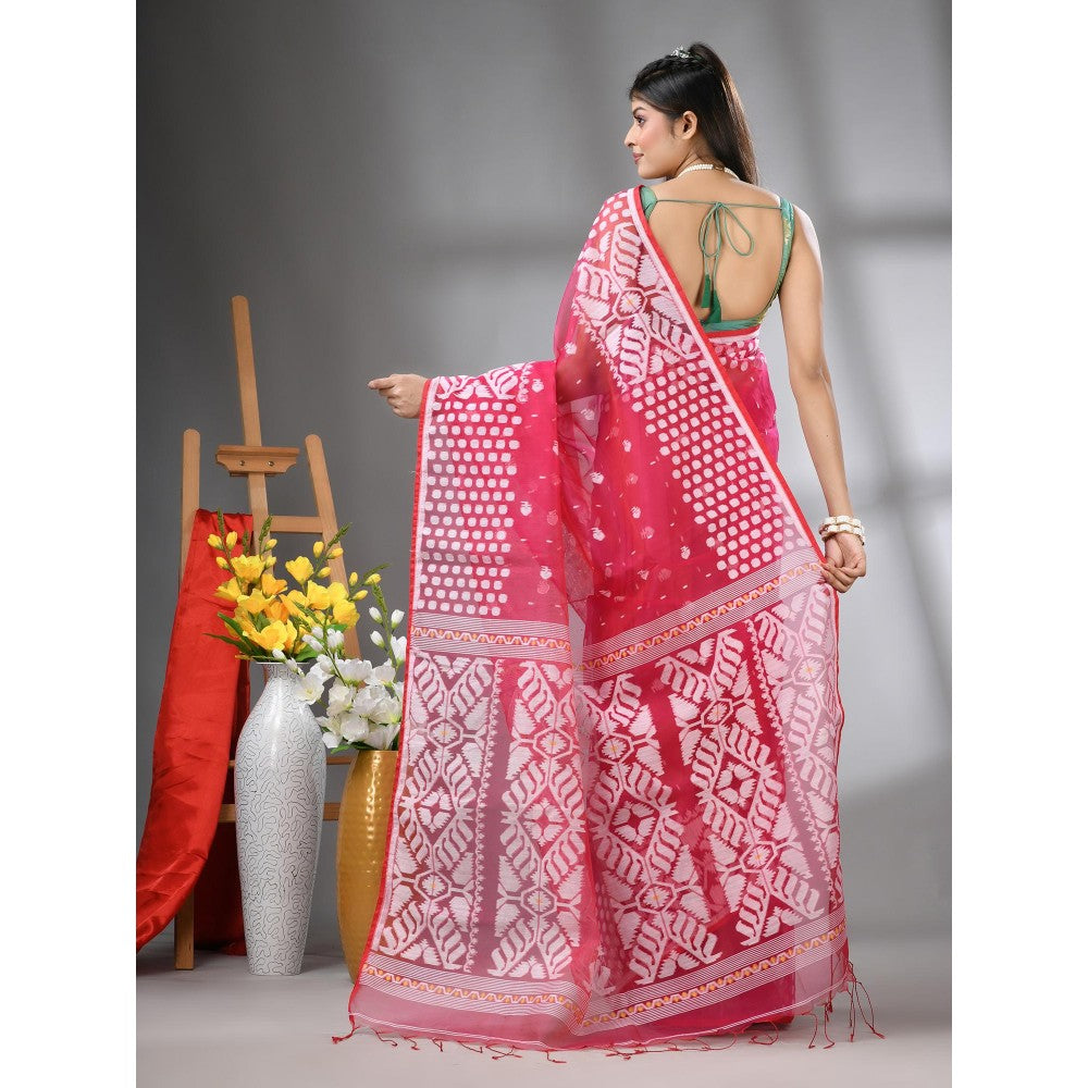 CHARUKRITI Hot Pink Muslin Soft Jamdani Design Saree with Unstitched Blouse