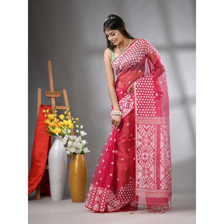 CHARUKRITI Hot Pink Muslin Soft Jamdani Design Saree with Unstitched Blouse