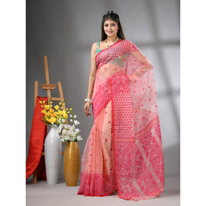 CHARUKRITI Peach Muslin Soft Jamdani Design Saree with Unstitched Blouse